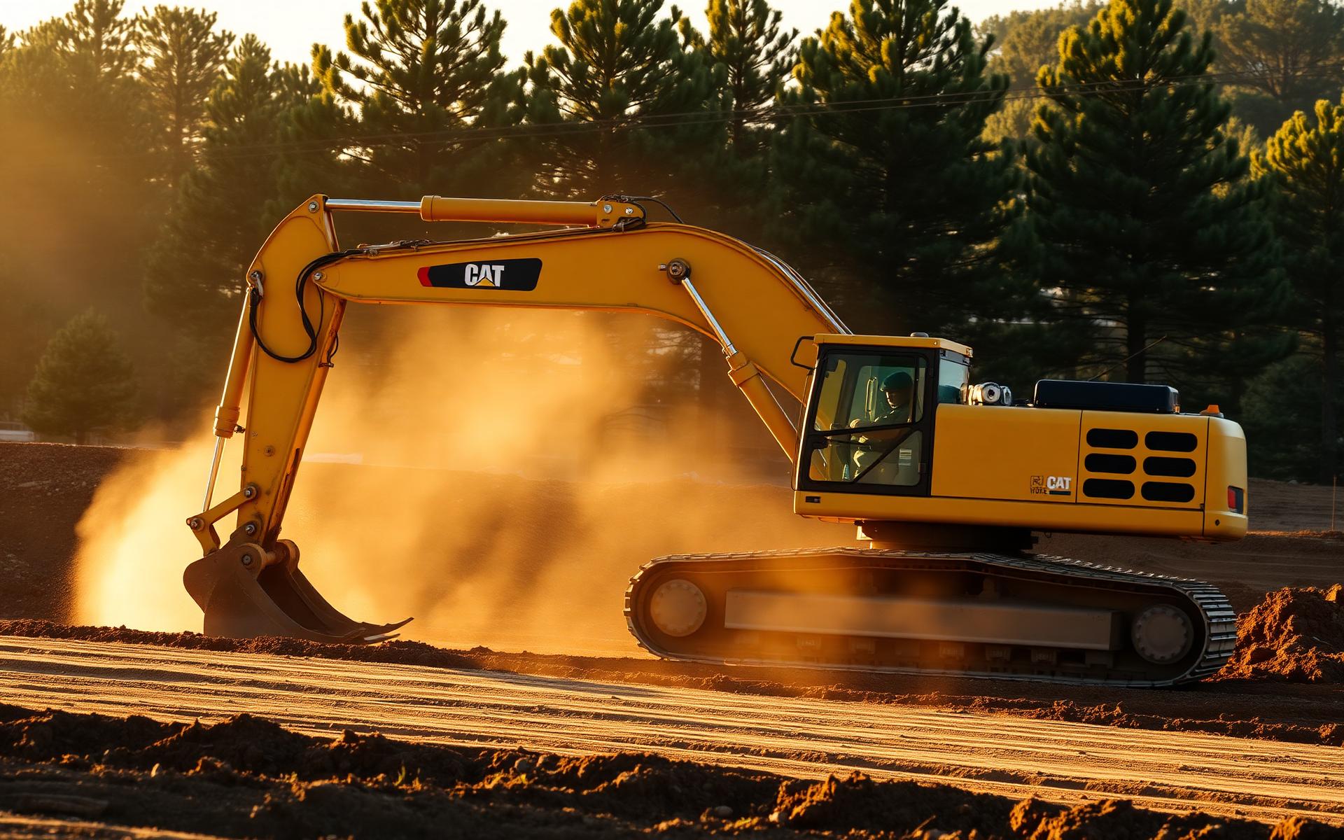CRT Earthworks excavator grading a rural building site at golden hour